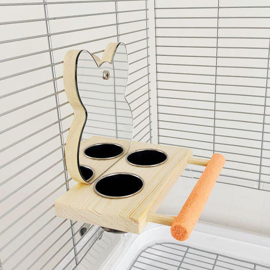 Interactive Parrot Puzzle Bird Toy – Stainless Steel Stand with Mirror and Treat Cup